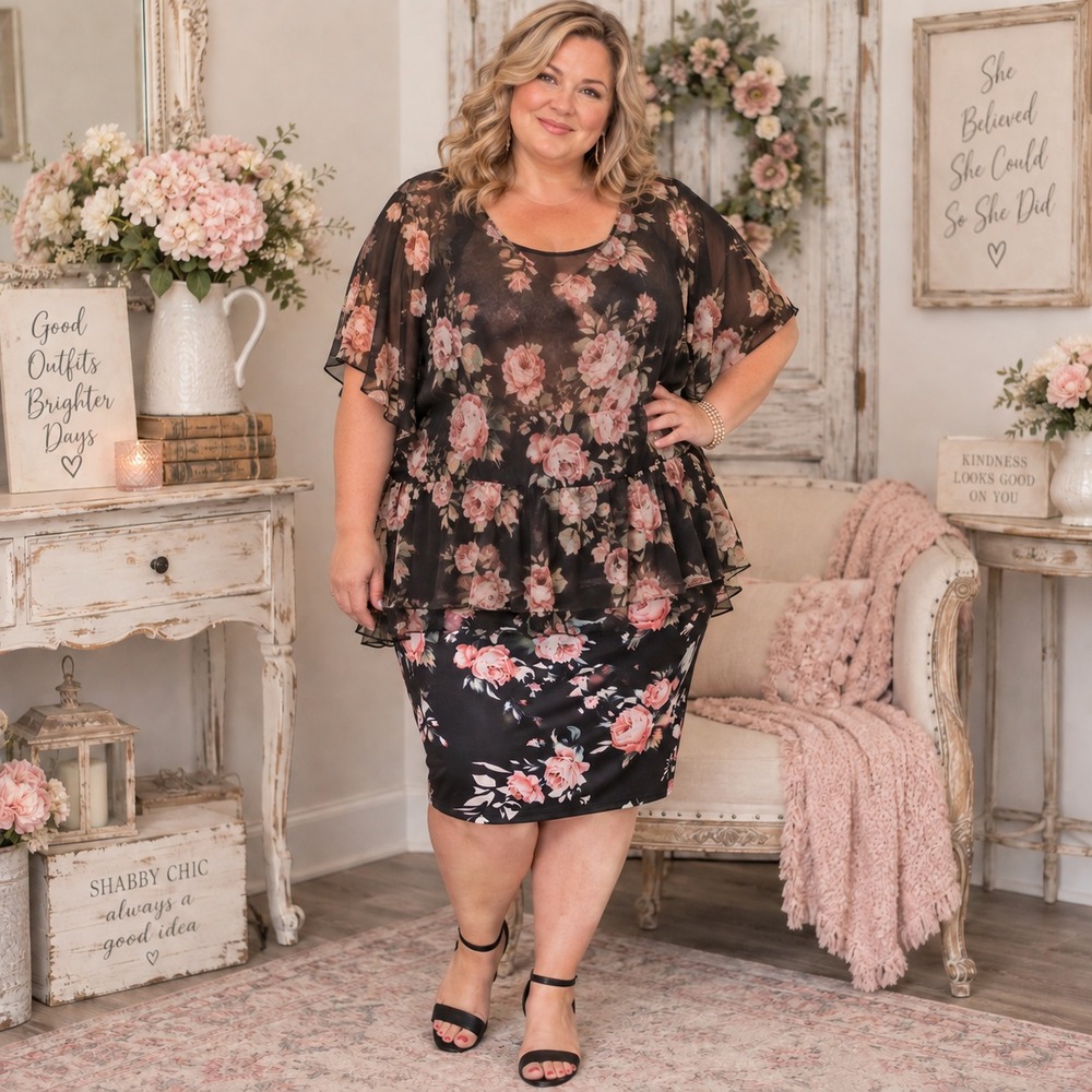 20. 3X SET Floral Semi Sheer Blouse & Pencil Skirt Black Pink Boho Shabby Chic